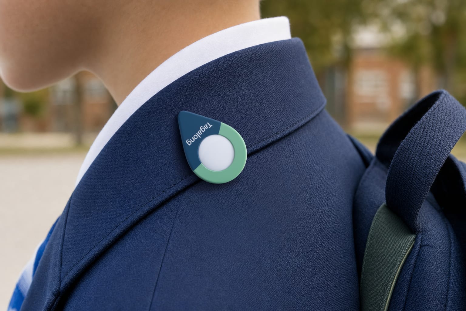Tagalong tag clipped to a jacket collar near a backpack strap