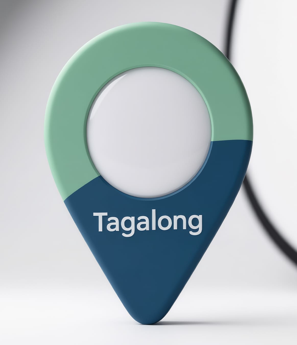 Tagalong tag, front view showing the map-pin emblem and circular cutout